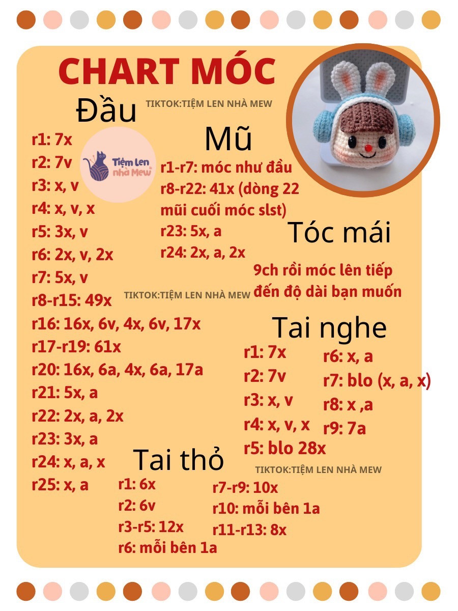 chart móc đầu bé gái đội mũ tai thỏ đeo tai nghe