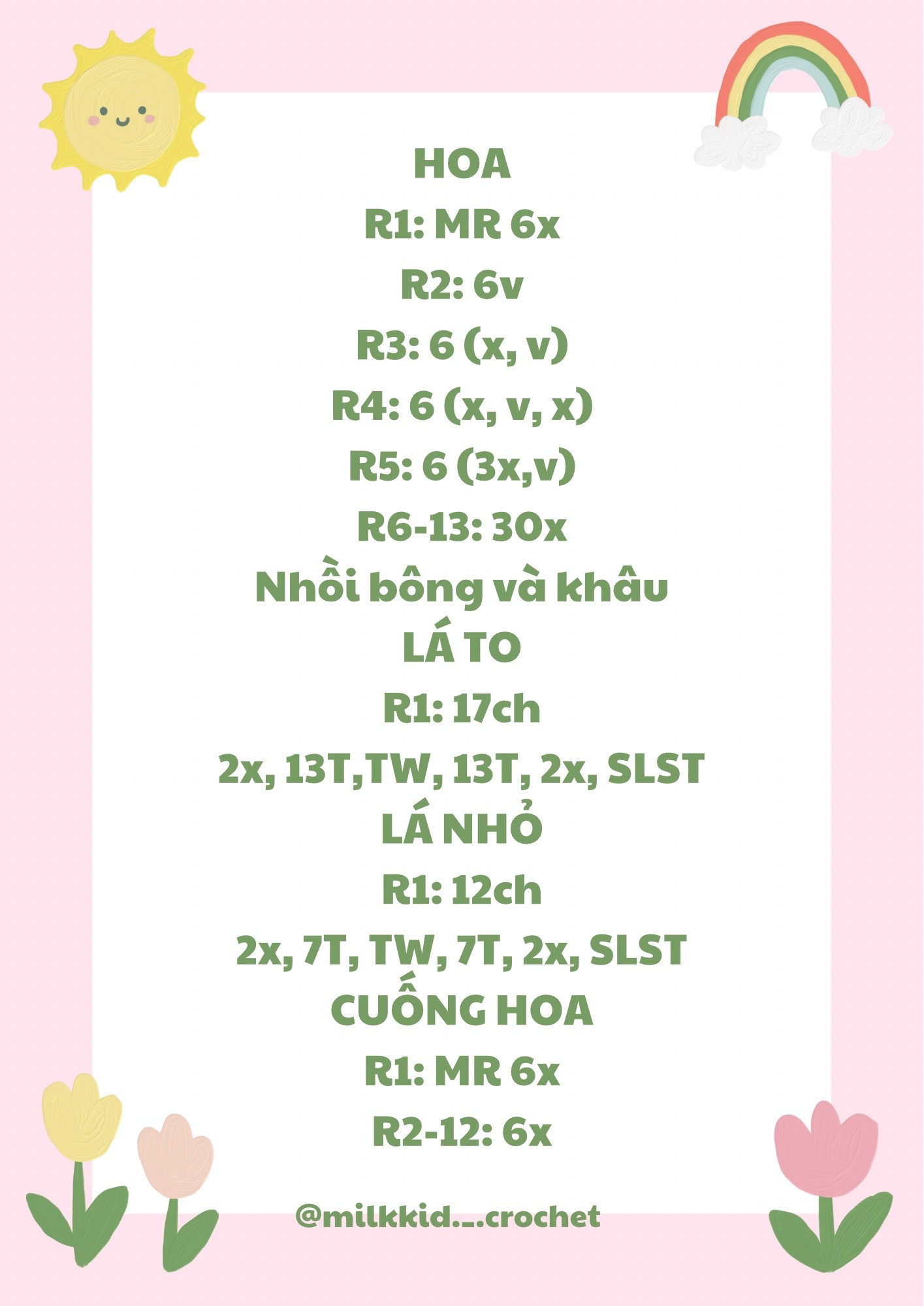 chart móc hoa tulip màu vàng, màu hồng, màu tím