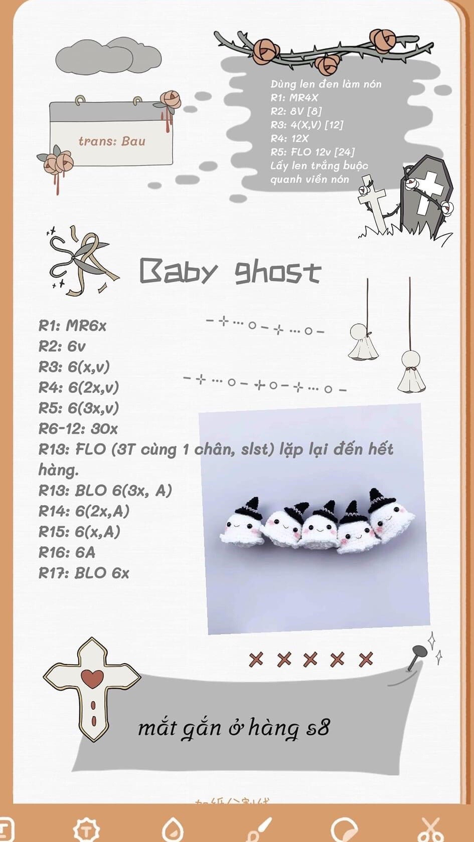 chart móc len baby ghost đội mũ phù thủy màu đen