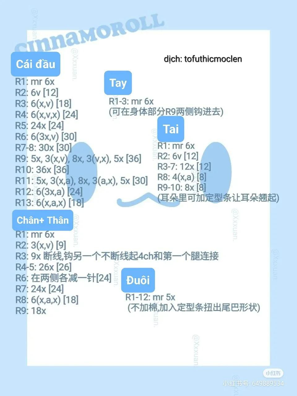 chart móc len cinnamoroll, nơ màu xanh