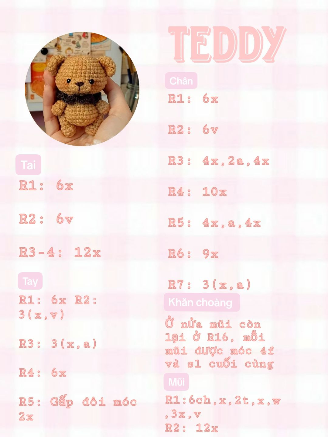 chart móc len gấu teddy, cổ màu đen