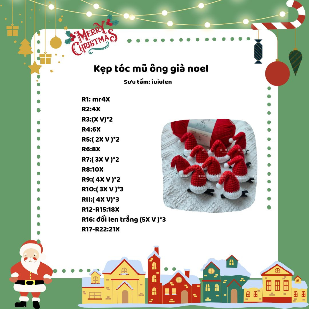 chart móc len kẹp tóc mũ ông già noel