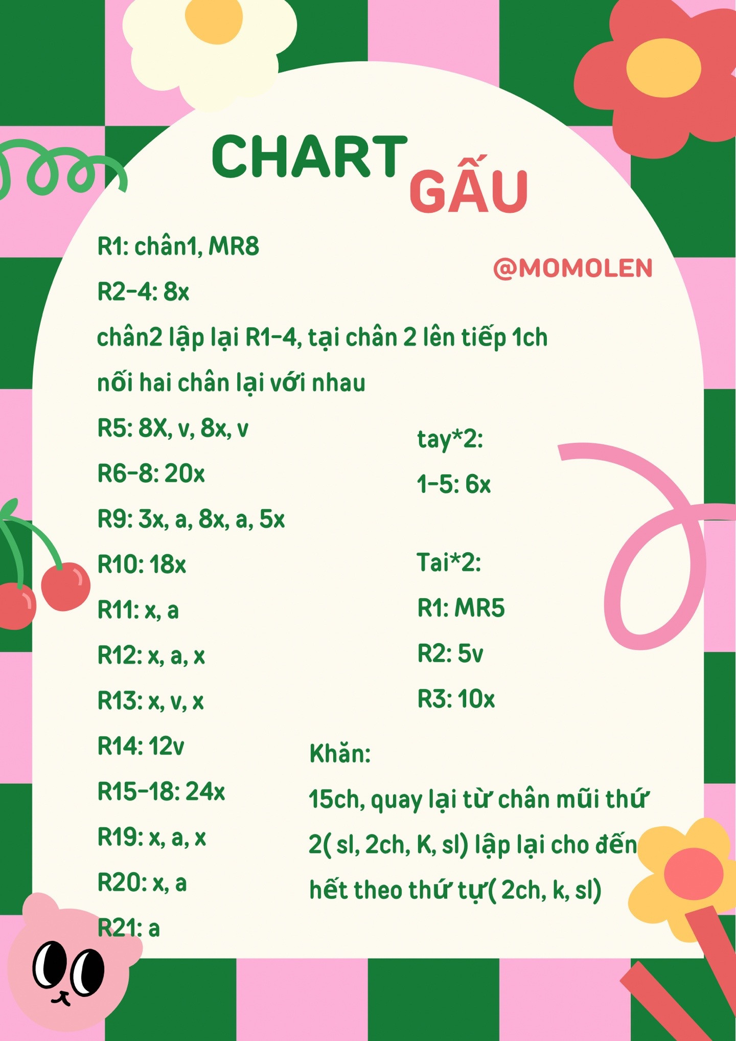 chart móc len móc khóa gấu màu trắng quấn dây màu hồng.