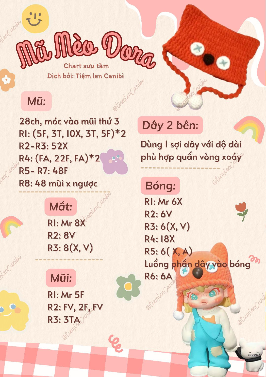 chart móc len mũ mèo dora