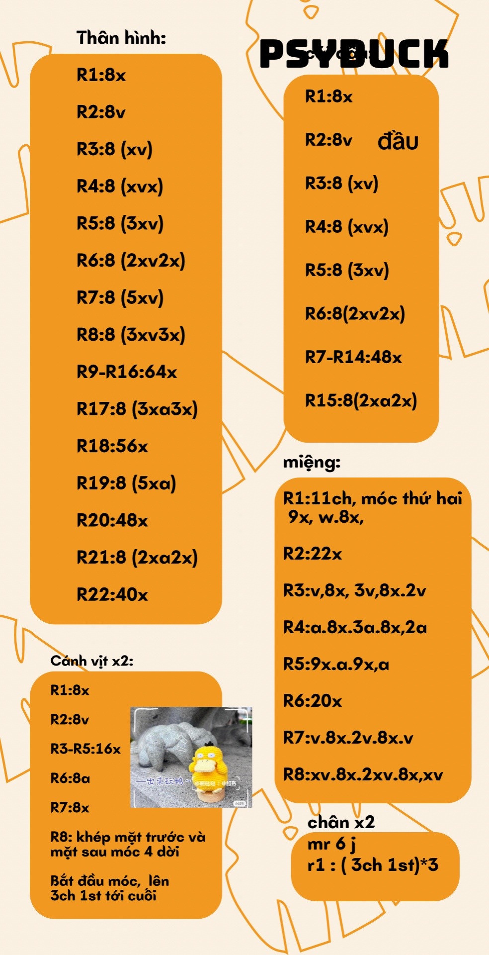 chart móc len psyduck, vịt màu vàng.