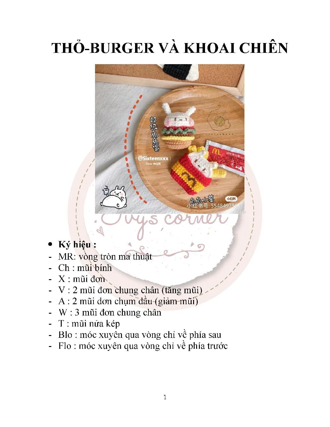 chart móc len thỏ burger và khoai chiên