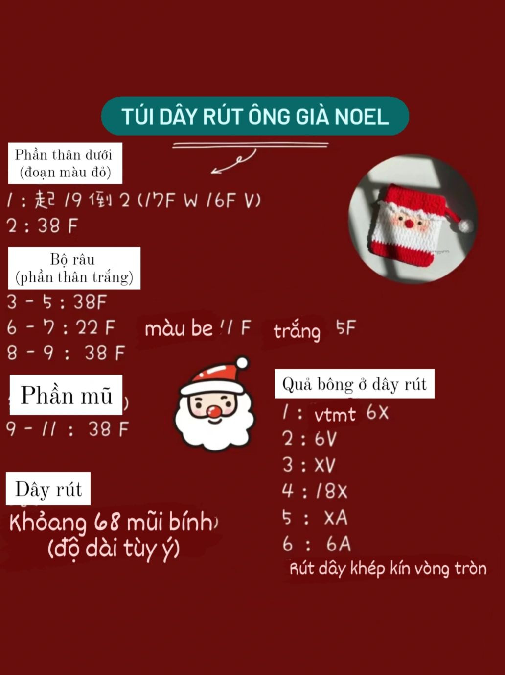 chart móc len túi dây rút ông già noel