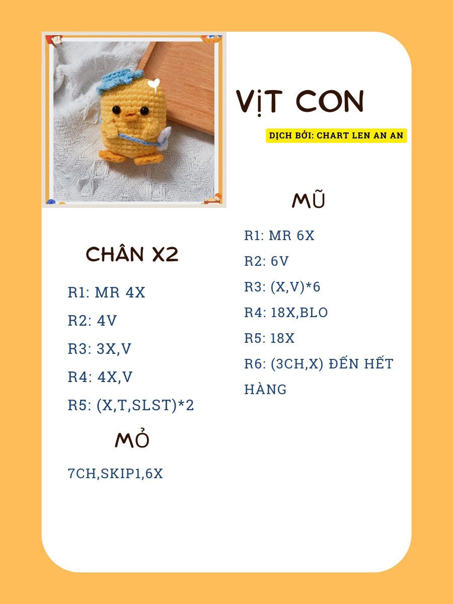 chart móc len vịt con màu vàng, đội mũ