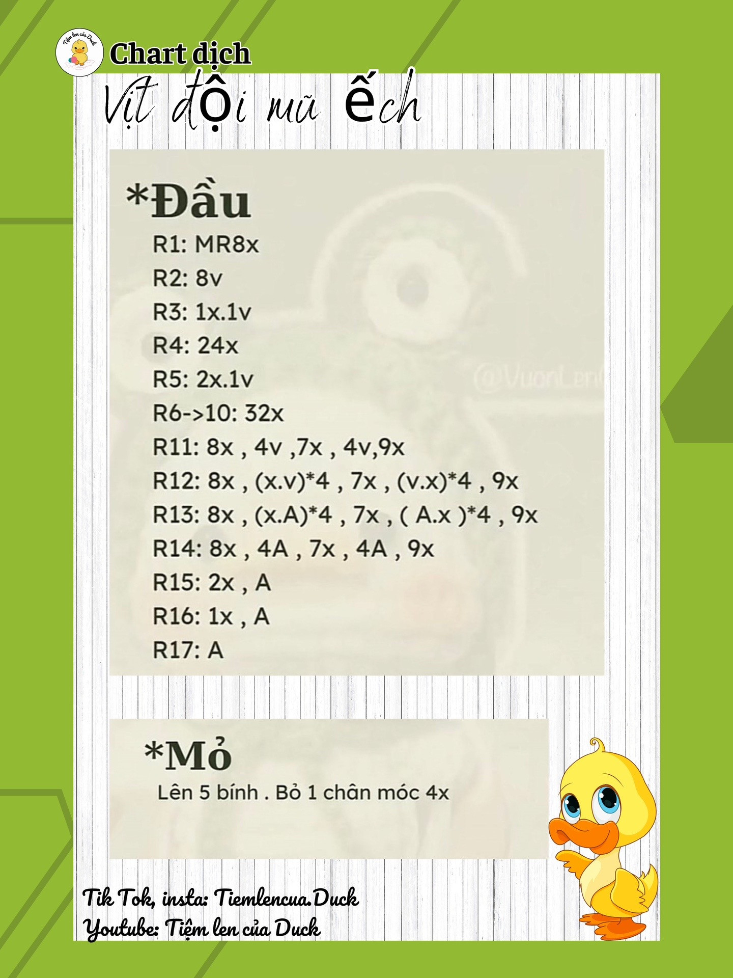 chart móc len vịt đội mũ ếch