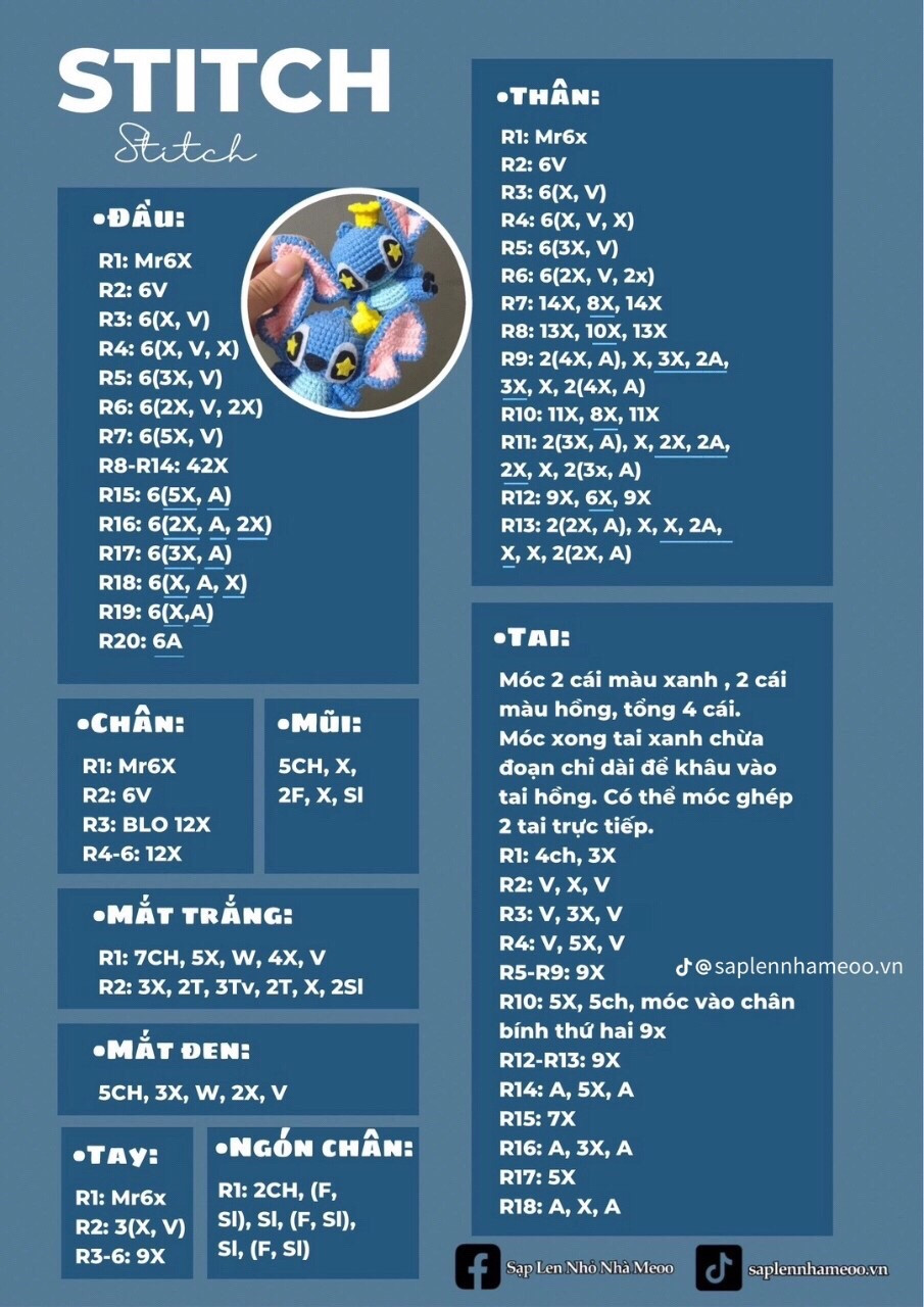 chart móc stitch màu xanh màu hồng.