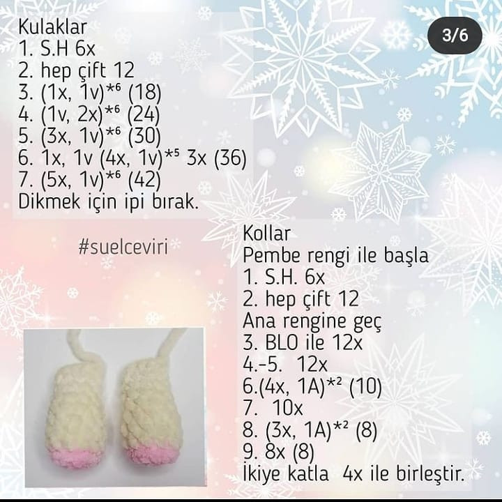 Çiçekli, pembe, sarı ve yeşil bacaklı beyaz bir filin tığ işi tarifi.