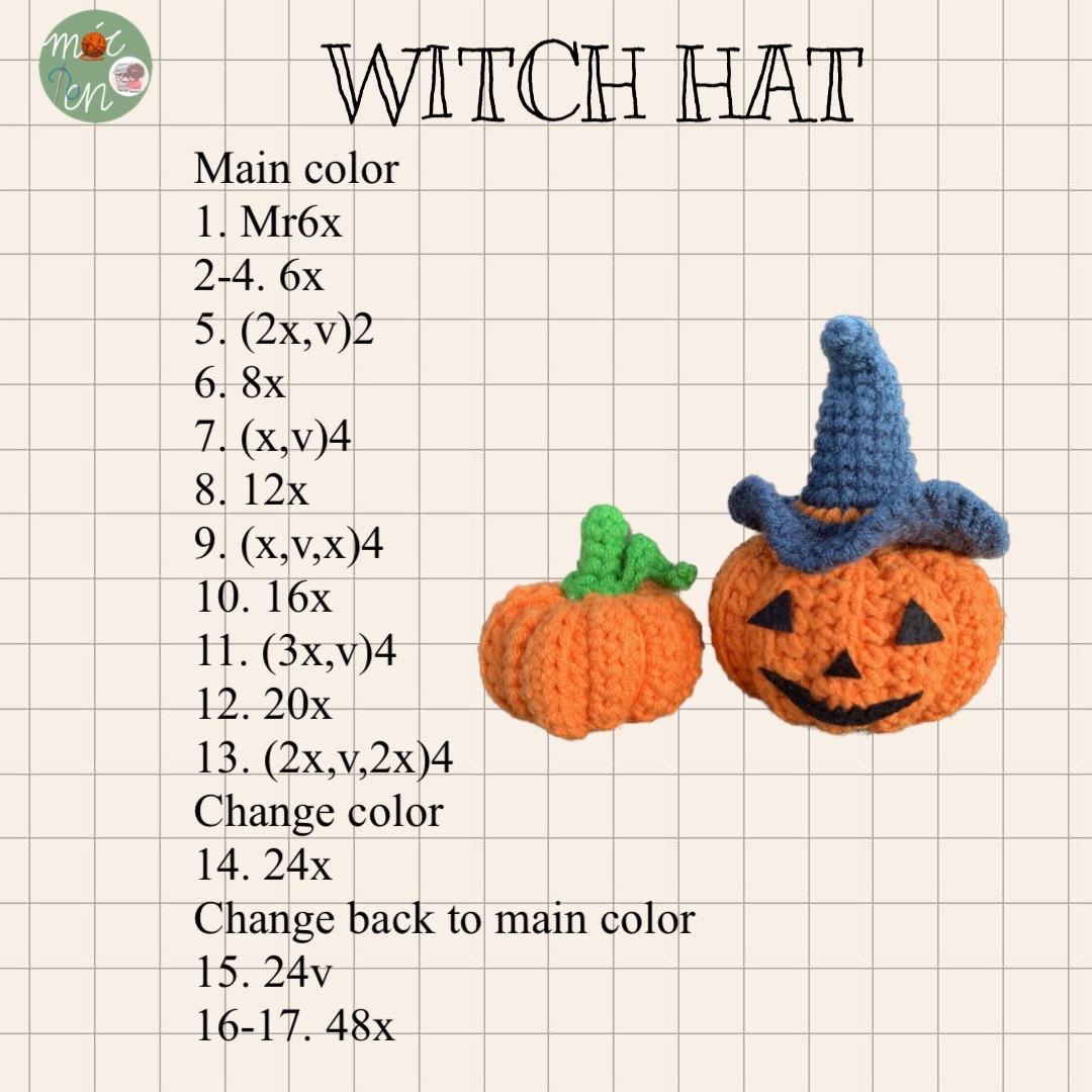 Crochet pattern for a pumpkin wearing a magic hat