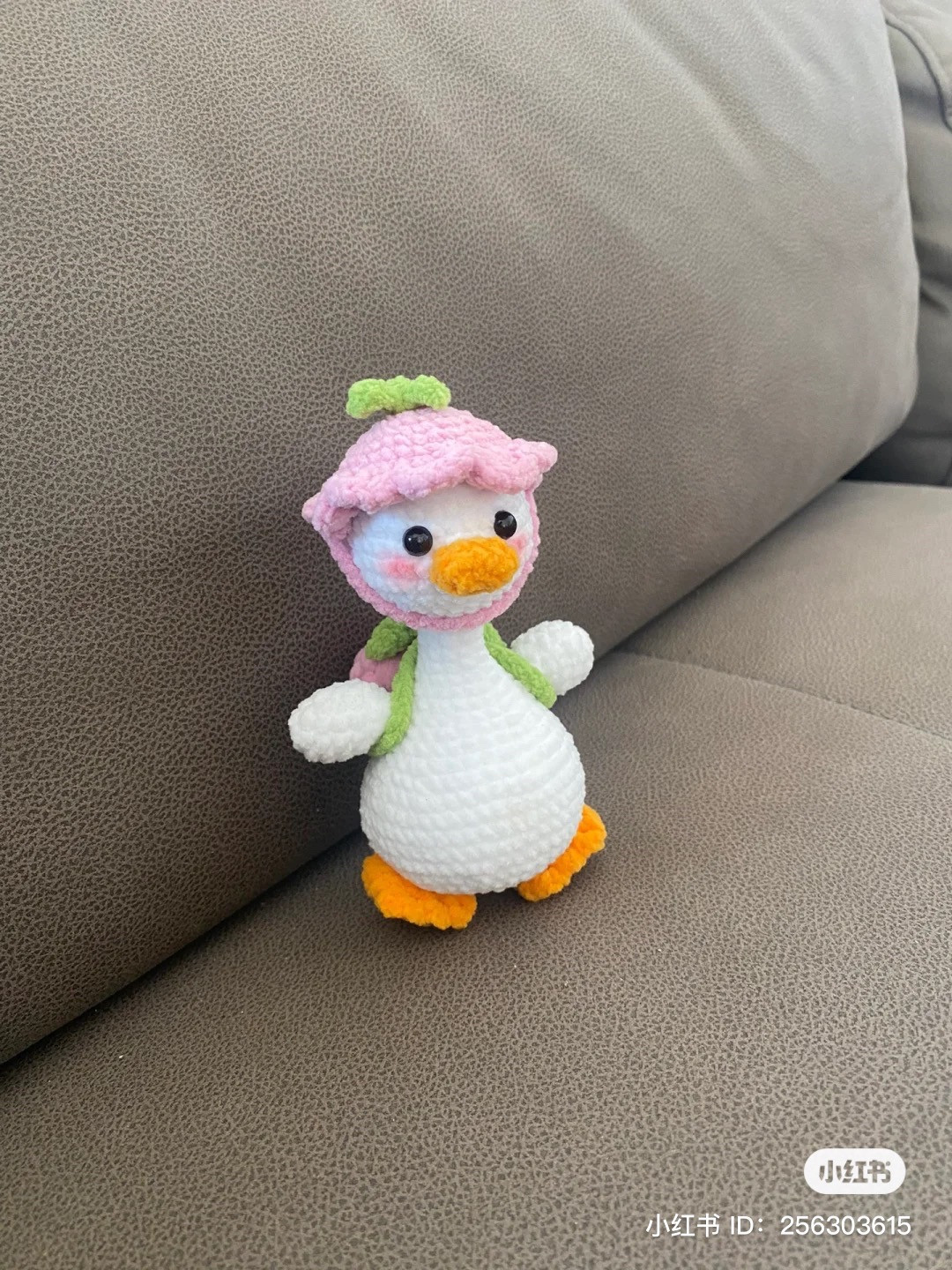 Duck wearing a strawberry hat to school