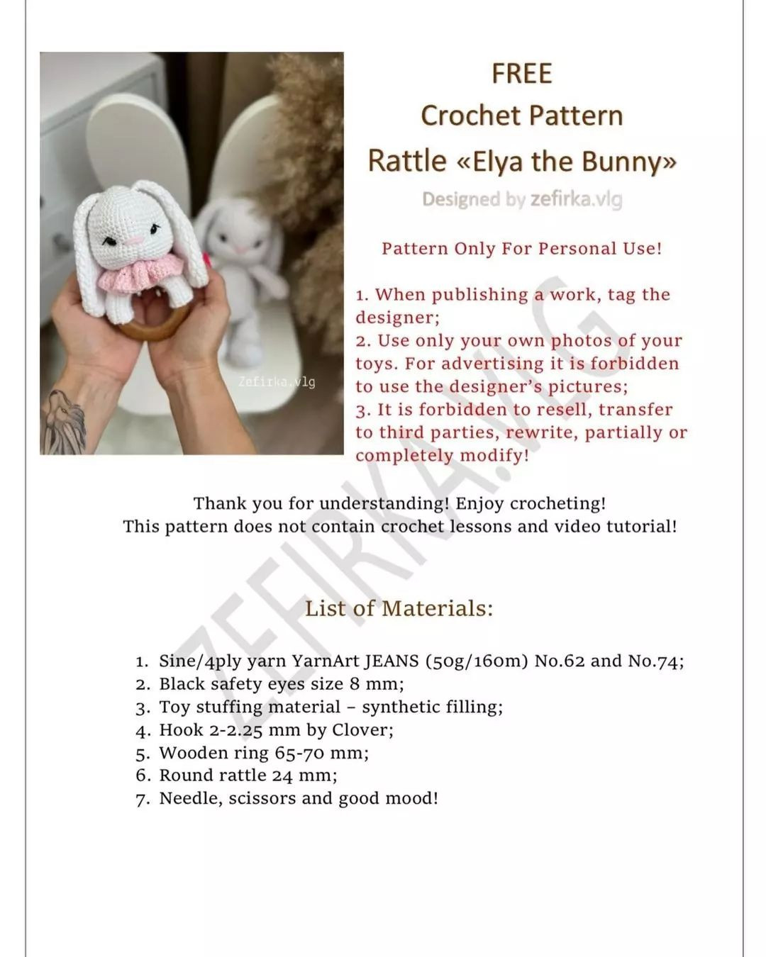 free crochet pattern rattle elya the bunny