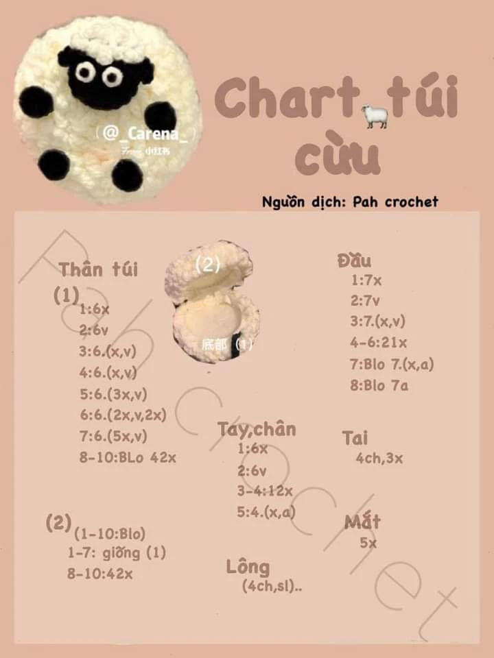 hướng dẫn móc len chart cừu, chart túi cừu