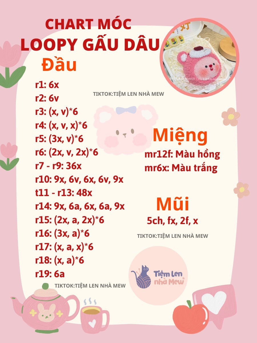 hướng dẫn móc len chart móc loopy gấu dâu