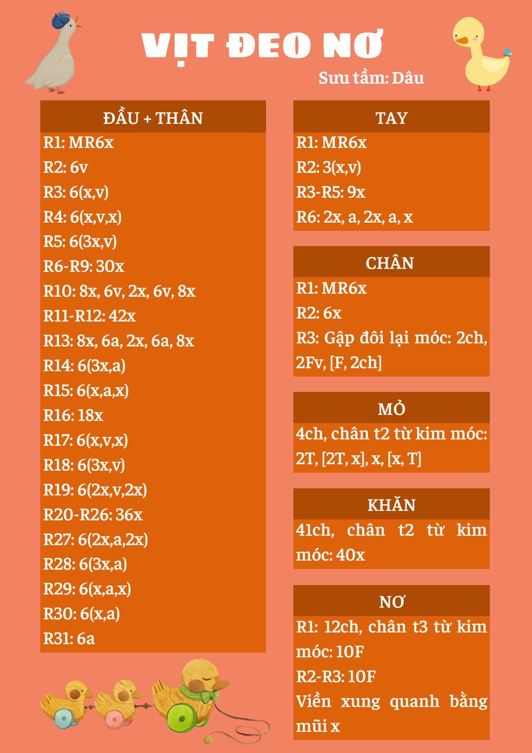 Hướng dẫn móc len chart vịt đeo nơ