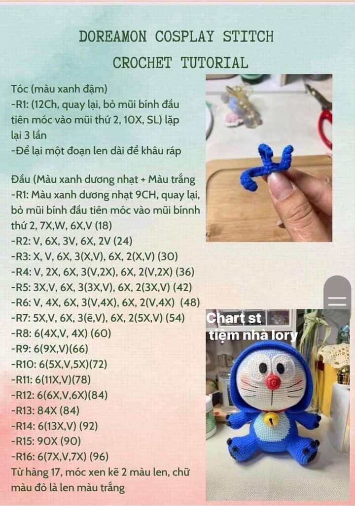 hướng dẫn móc len doreamon cosplay stitch crochet tutorial