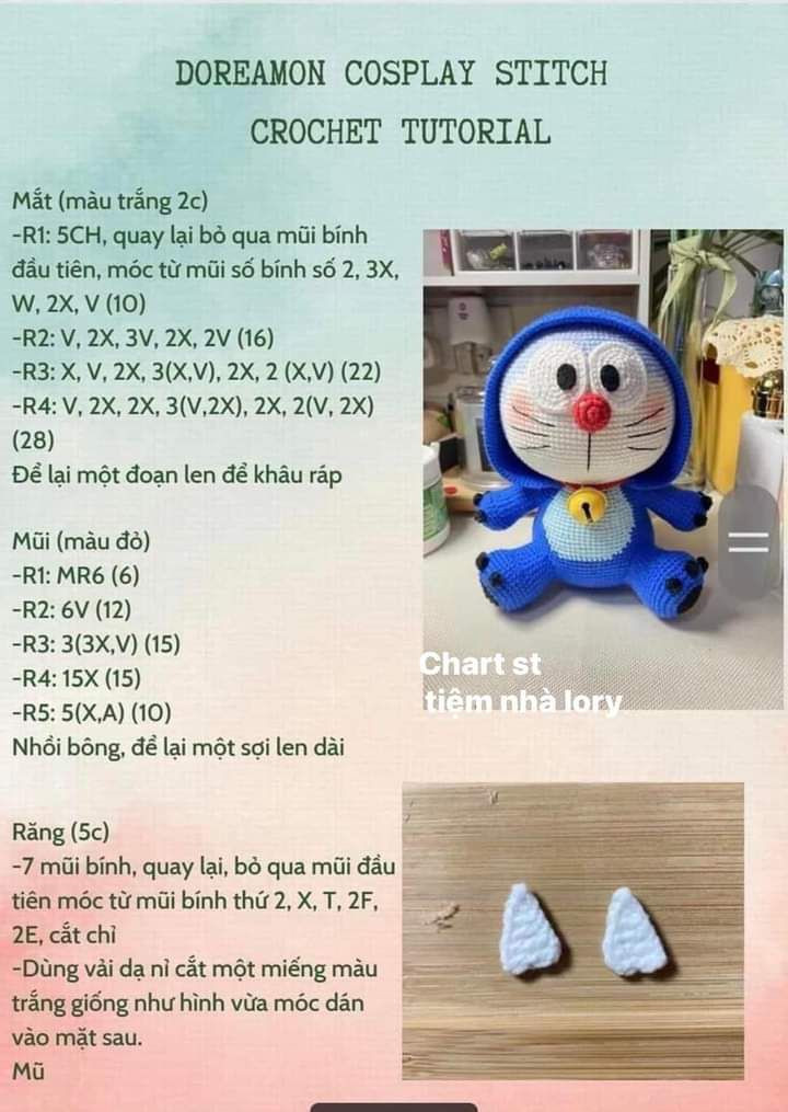 hướng dẫn móc len doreamon cosplay stitch crochet tutorial