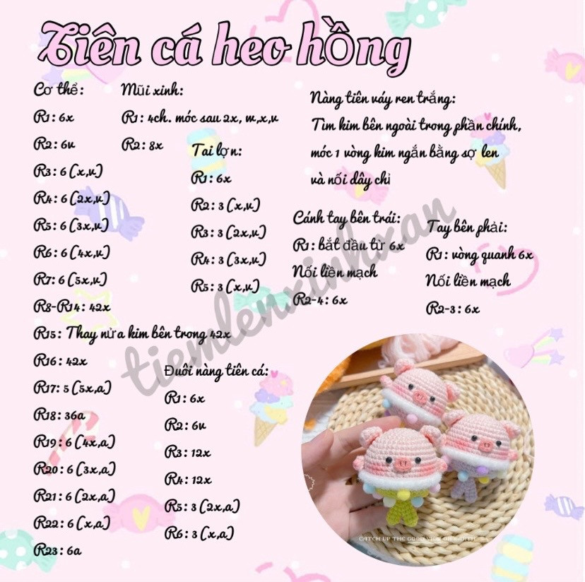 Hướng dẫn móc len tiên cá heo hồng.