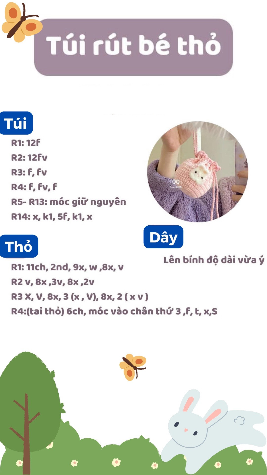 hướng dẫn móc len túi rút bé thỏ