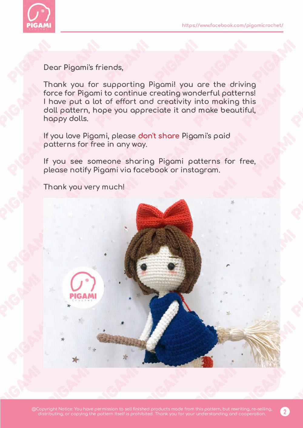 Kiki crochet pattern with red bow, brown hair, navy blue dress