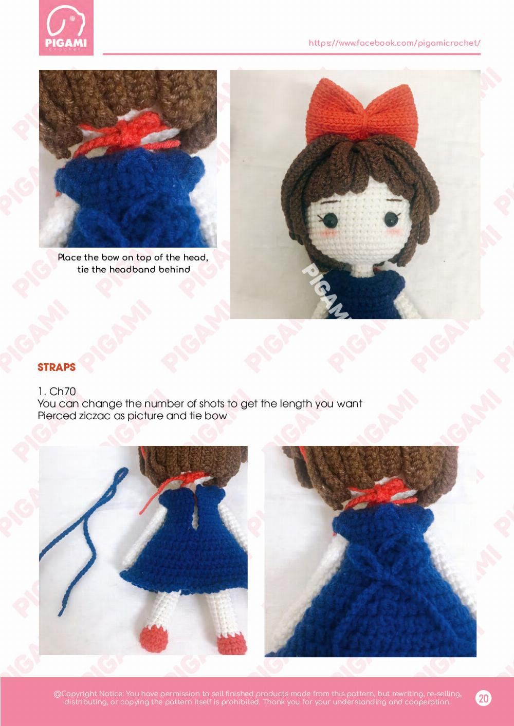 Kiki crochet pattern with red bow, brown hair, navy blue dress