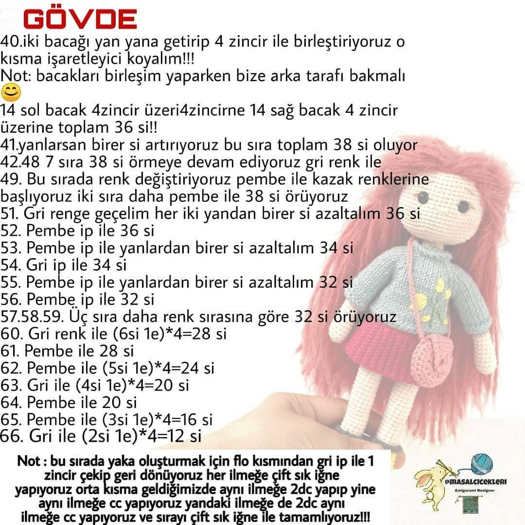 Kızıl saçlı, gri gömlekli, pembe etekli, pembe çapraz askılı çantalı, sarı ayakkabılı MIA bebek tığ işi modeli