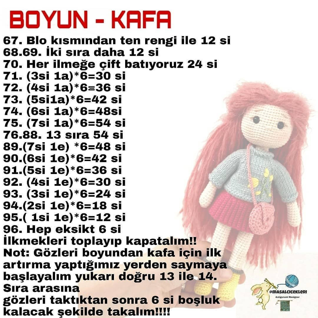 Kızıl saçlı, gri gömlekli, pembe etekli, pembe çapraz askılı çantalı, sarı ayakkabılı MIA bebek tığ işi modeli