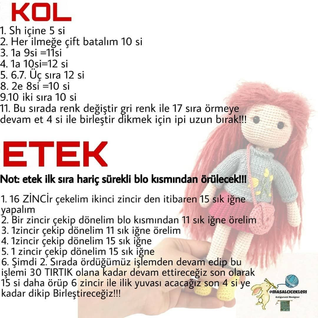 Kızıl saçlı, gri gömlekli, pembe etekli, pembe çapraz askılı çantalı, sarı ayakkabılı MIA bebek tığ işi modeli