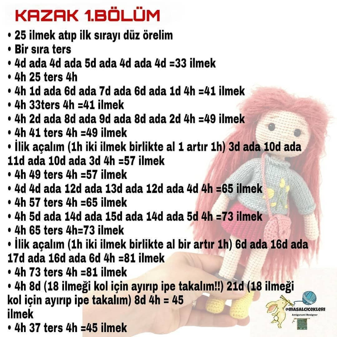 Kızıl saçlı, gri gömlekli, pembe etekli, pembe çapraz askılı çantalı, sarı ayakkabılı MIA bebek tığ işi modeli