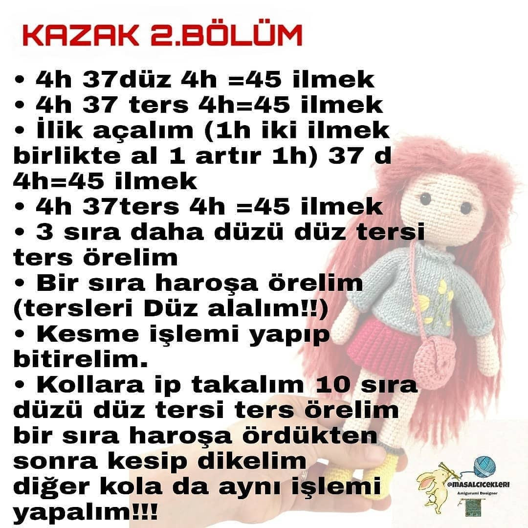 Kızıl saçlı, gri gömlekli, pembe etekli, pembe çapraz askılı çantalı, sarı ayakkabılı MIA bebek tığ işi modeli