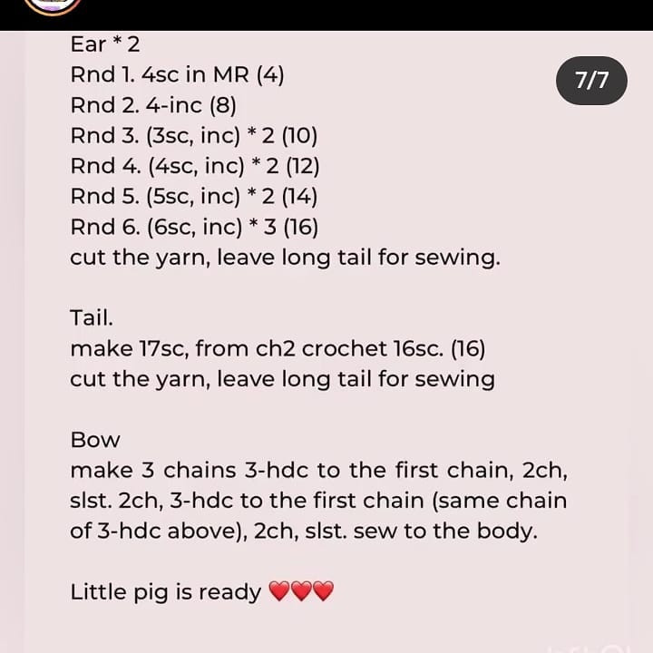 little pig, pink bow free pattern