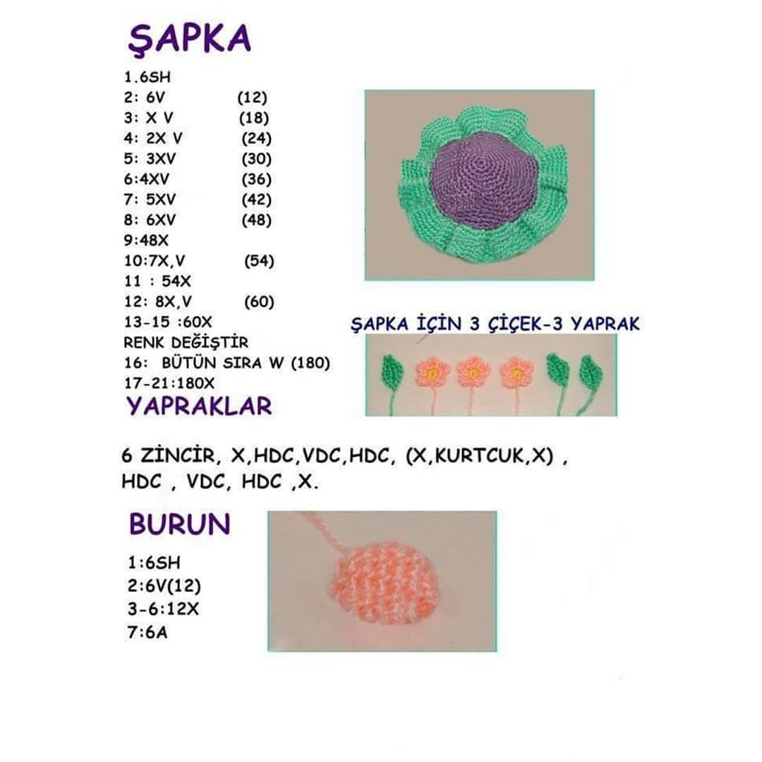 Mavi veya mor şapkalı ve pembe burunlu sarı kaplumbağa için tığ işi desen.