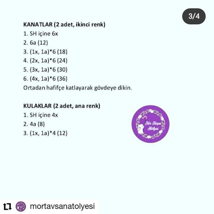 Mor yuvarlak baykuş, beyaz gözler, mavi kanatlar tığ işi tarifi.