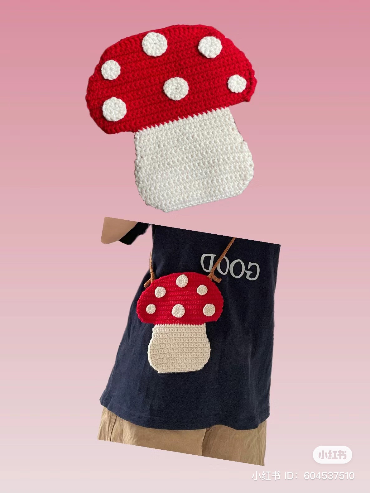 Mushroom bag crochet pattern with red hat and white body