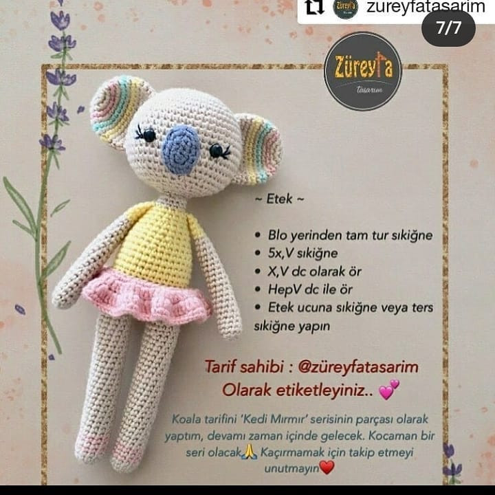 Pembe elbise giyen koala ayısı bebeği tığ işi tarifi.