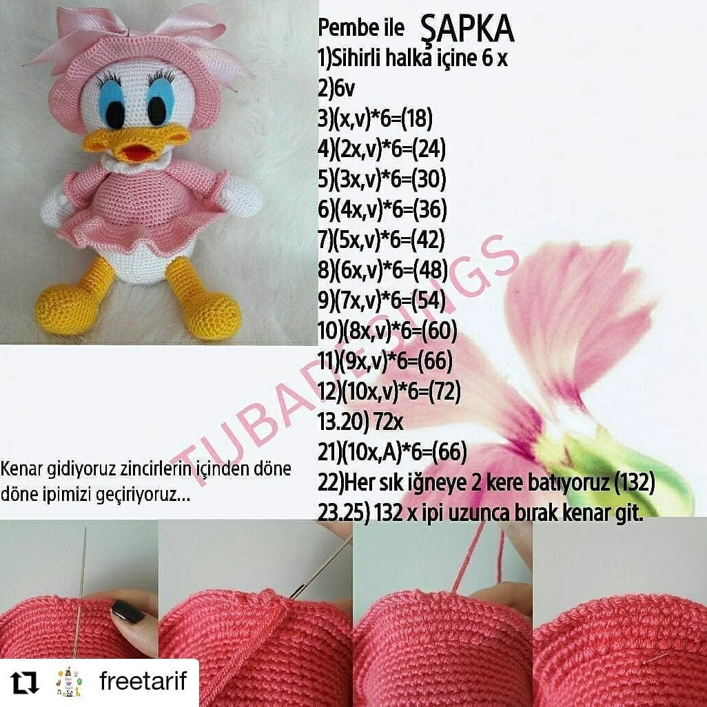 Pembe elbise, pembe şapka, sarı gaga ve ayak giyen ördek tığ işi modeli.