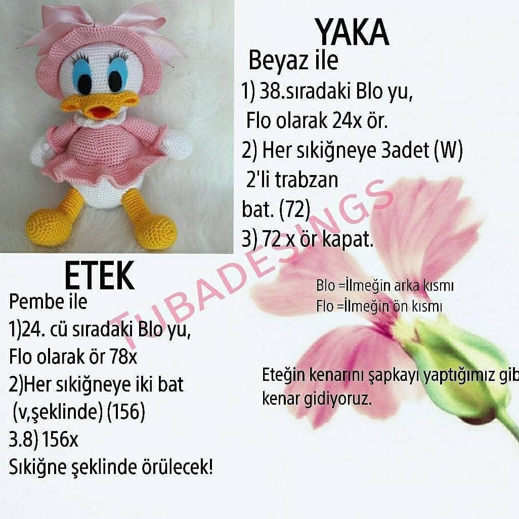 Pembe elbise, pembe şapka, sarı gaga ve ayak giyen ördek tığ işi modeli.