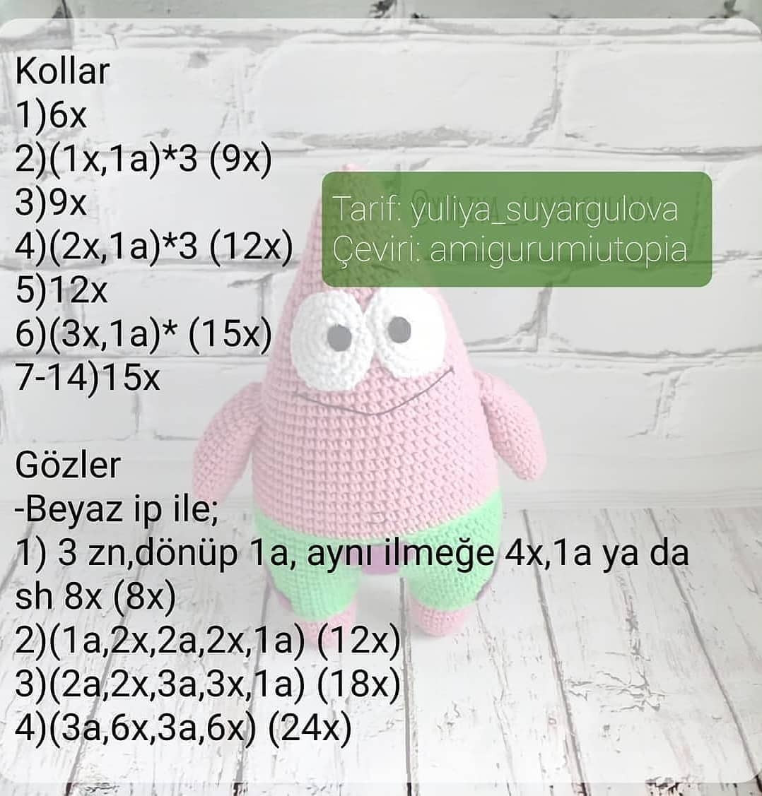 Pembe Patrick tığ işi modeli, mavi pantolon.