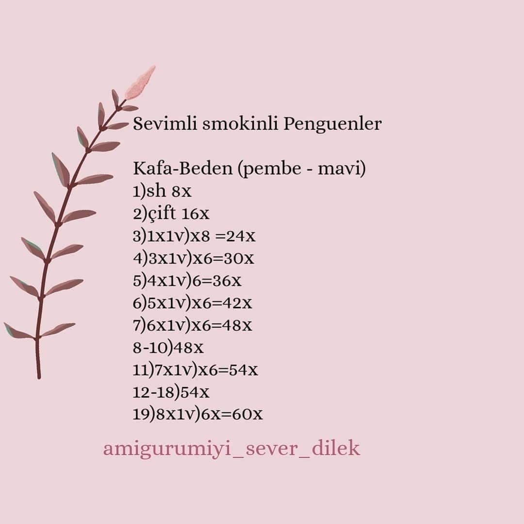 Penguen tığ işi deseni mor, pembe, kırmızı fiyonk, sarı bacaklar, sarı ağızlıktır.