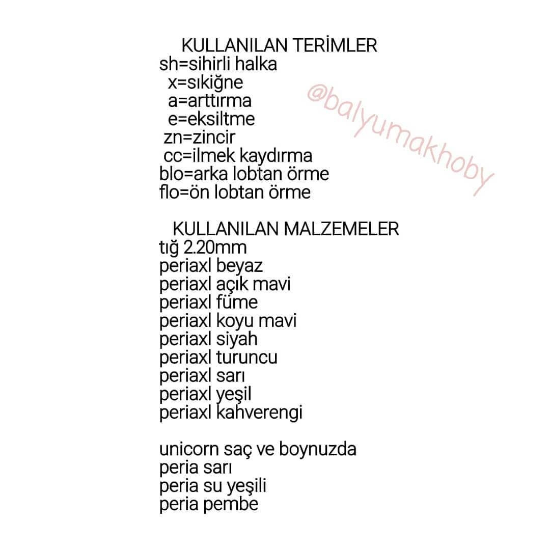 Sarı boynuzlu, pembe ve mavi yeleli beyaz bir tek boynuzlu at için tığ işi modeli.Sarı geyik, mavi etek giyiyor, kahverengi lekeler.Mavi ve turuncu çizgili, beyaz ağızlı gri katır.