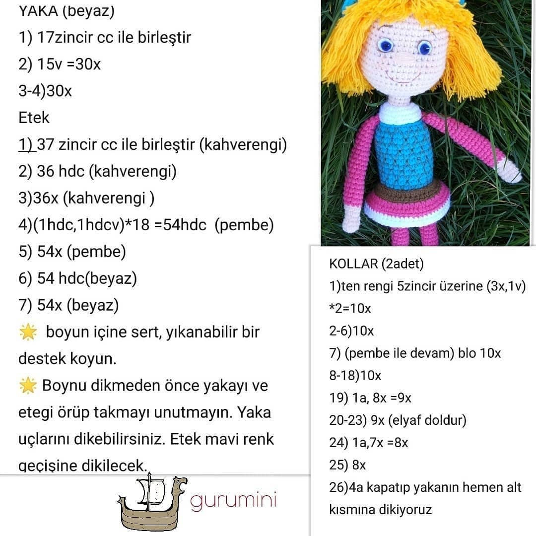 Sarı saçlı, mavi şapkalı, mavi gömlekli bebek için tığ işi modeli.