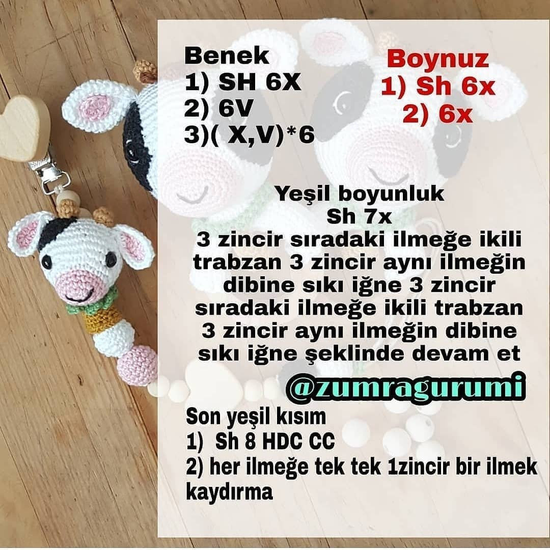 siyah benekli inek çıngırak, pembe namlu, emzik için tığ işi modeli.