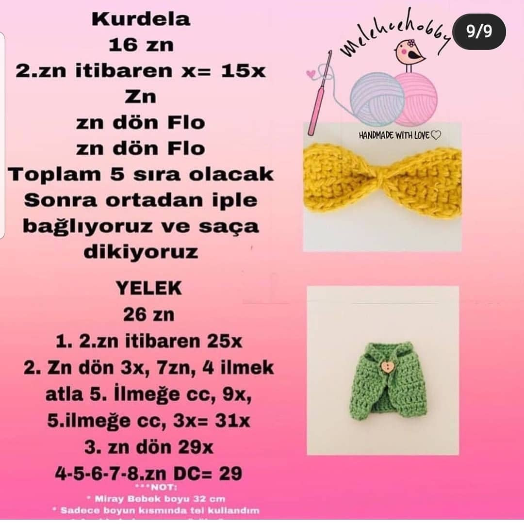 Siyah saçlı ve sarı fiyonklu bebek için tığ işi modeli.gömlek ve etek giymek