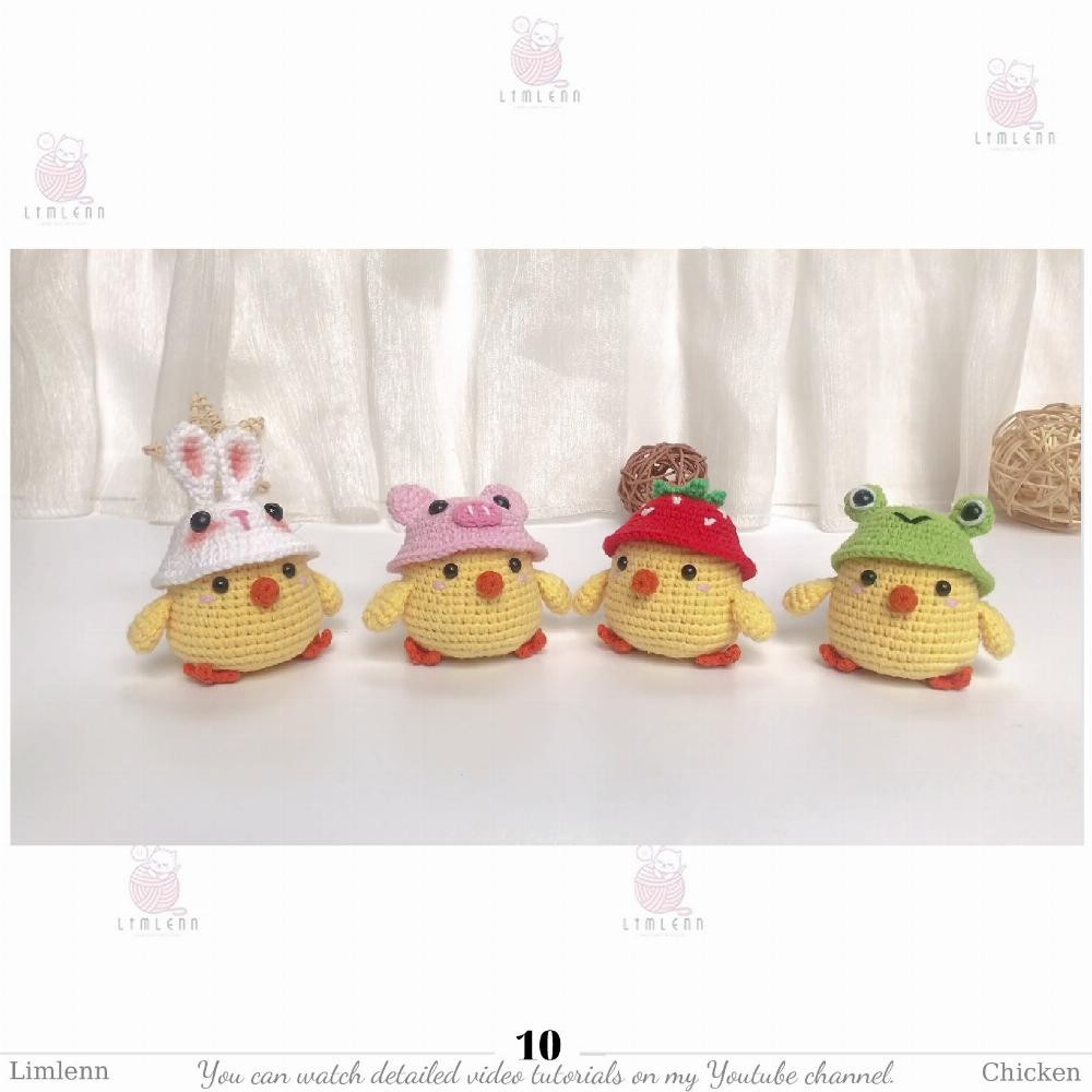 The chicks wear frog hats, pig hats, strawberry hats, and bunny hats