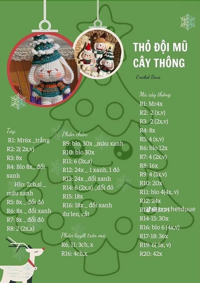 Tổng hợp 4 chart móc len móc khóa, thỏ đội mũ noel đỏ, thỏ đội mũ cây thông, thỏ đội mũ gạc hươu,