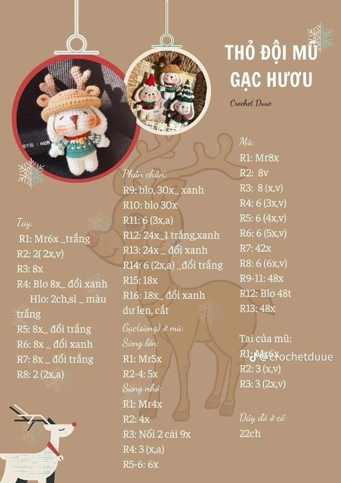 Tổng hợp 4 chart móc len móc khóa, thỏ đội mũ noel đỏ, thỏ đội mũ cây thông, thỏ đội mũ gạc hươu,