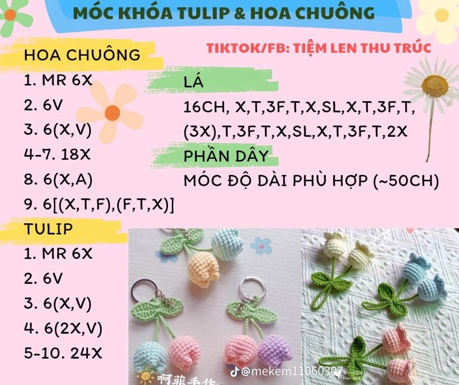 Tổng hợp 7 chart móc len đơn giản cho người mới, chart ong, chart thỏ tốt nghiệp, chart móc đầu heo tròn, móc khóa tulip và hoa chuông, loopy meloy, chart móc chim cánh cụt mini. meow meow