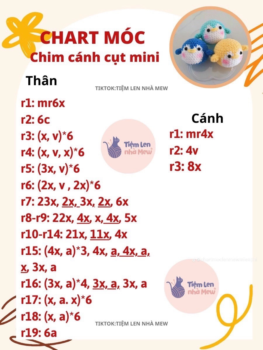 Tổng hợp 7 chart móc len đơn giản cho người mới, chart ong, chart thỏ tốt nghiệp, chart móc đầu heo tròn, móc khóa tulip và hoa chuông, loopy meloy, chart móc chim cánh cụt mini. meow meow